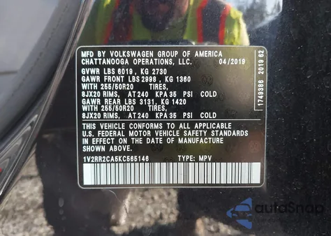 2019 Volkswagen Atlas 3.6L V6 Sel R-Line from USA, damaged, VIN 1V2RR2CA5KC565146